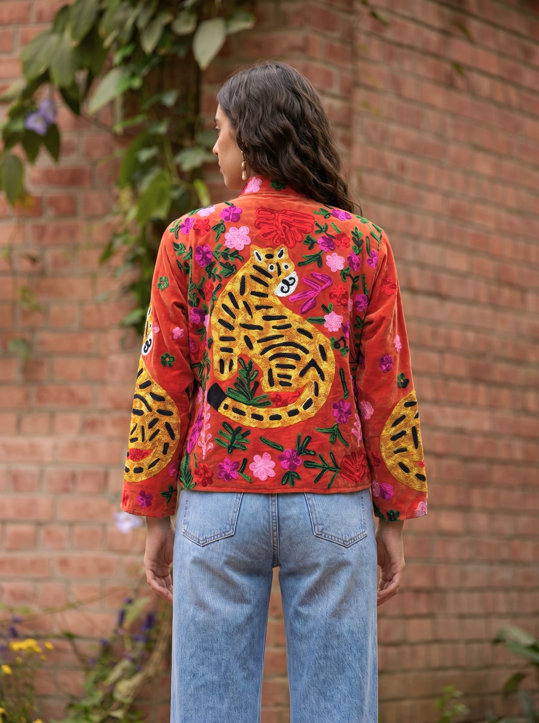 Rust Orange Tiger Garden Embroidered Jacket