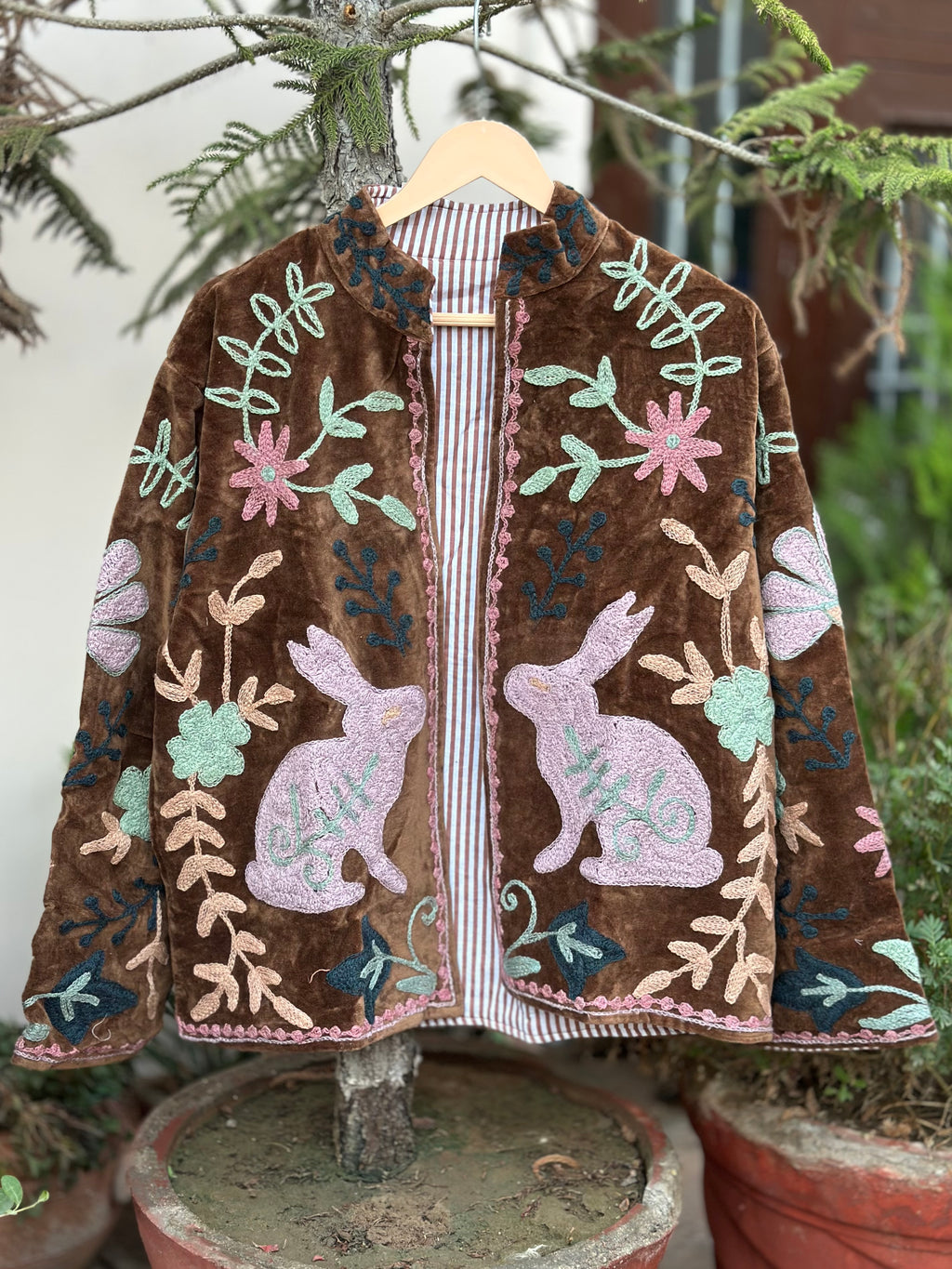 Chocolate Brown Velvet Jacket with Bunny Embroidery