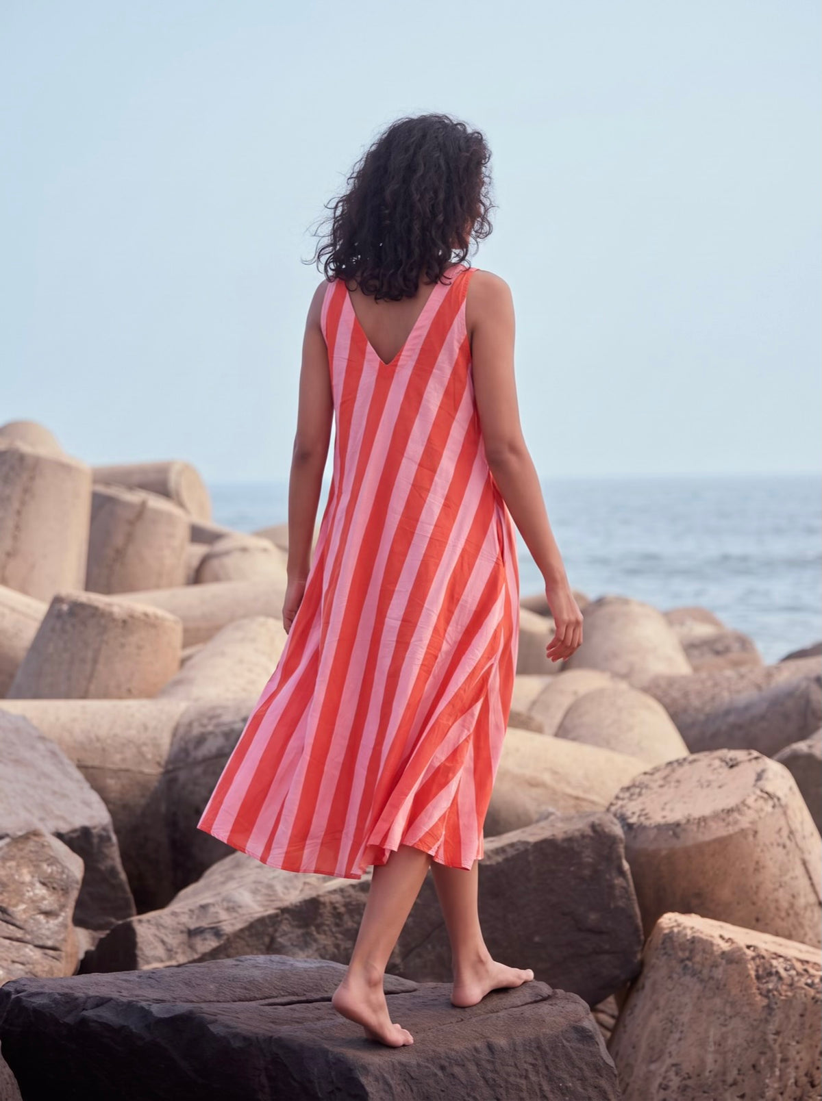 Coral Breeze Striped Midi Dress