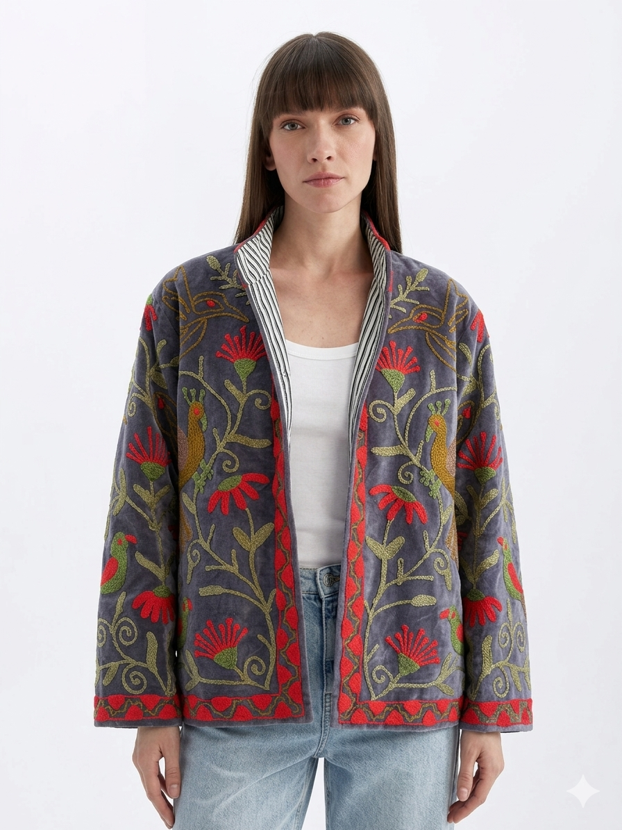 Grey Floral Bird Embroidered Jacket
