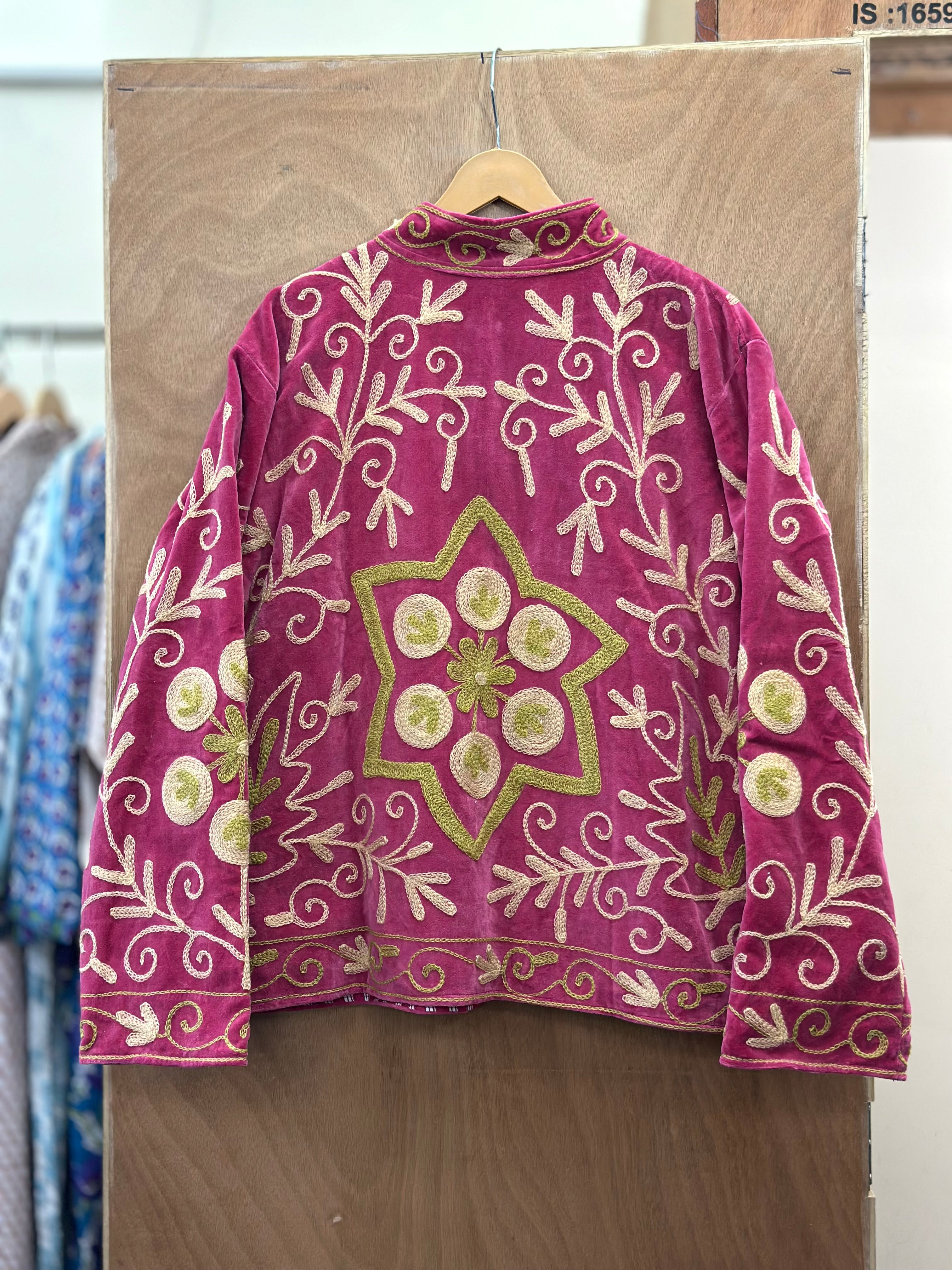Fuchsia Floral Embroidered Velvet Jacket