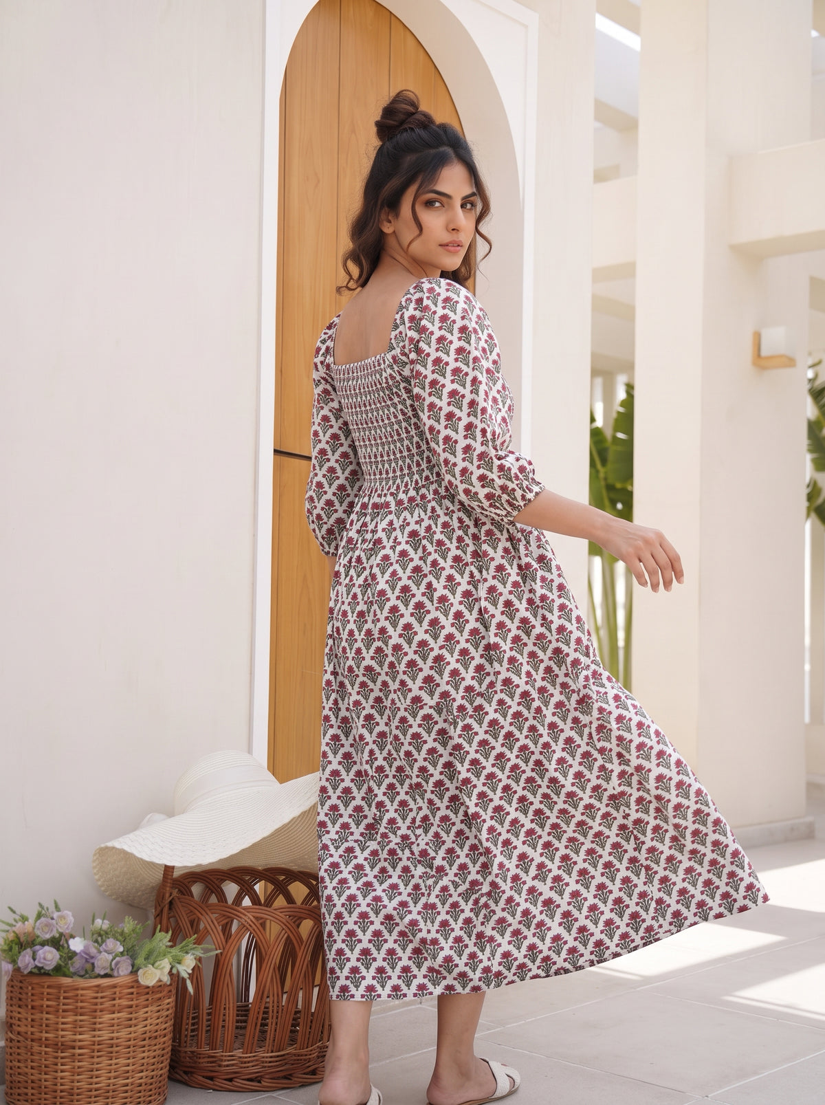 Maroon Meadow Smocked Midi Dress