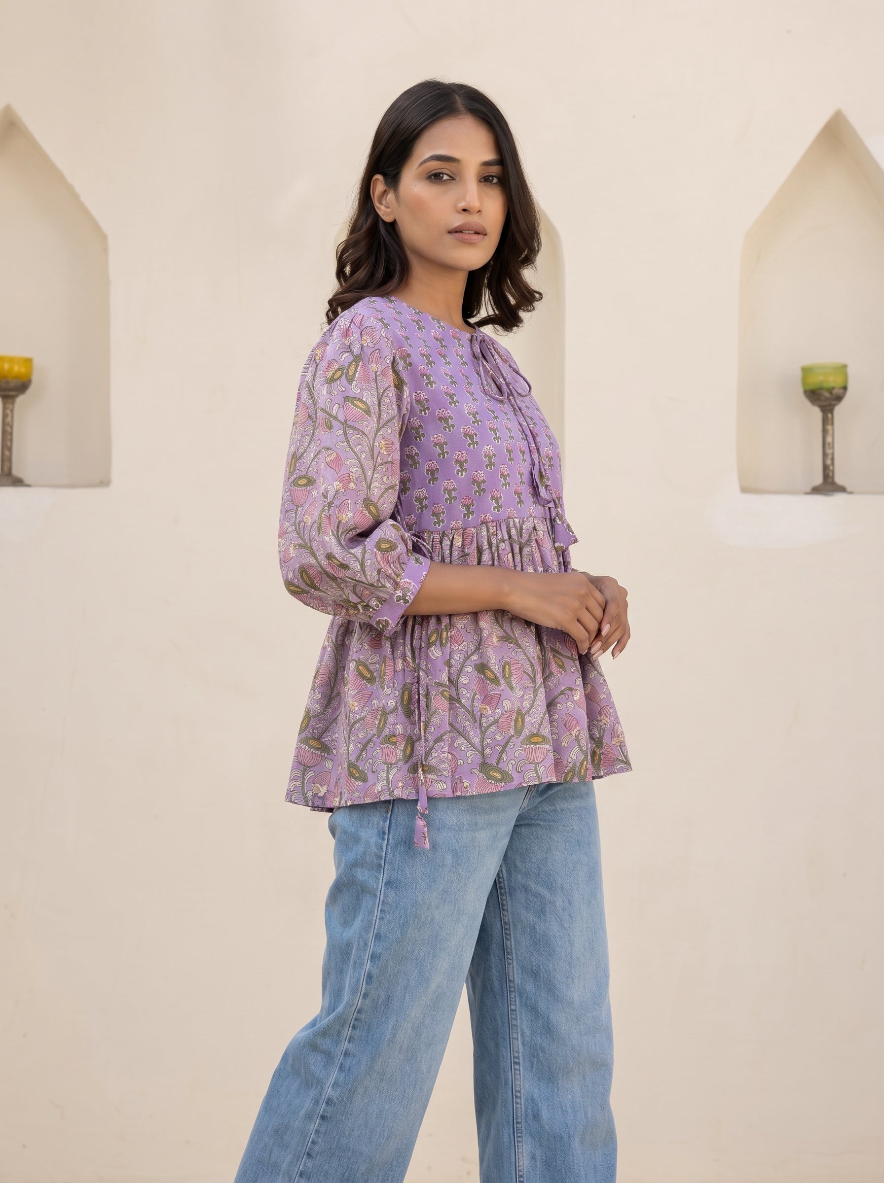 Purple Ethnic Floral Peplum Top