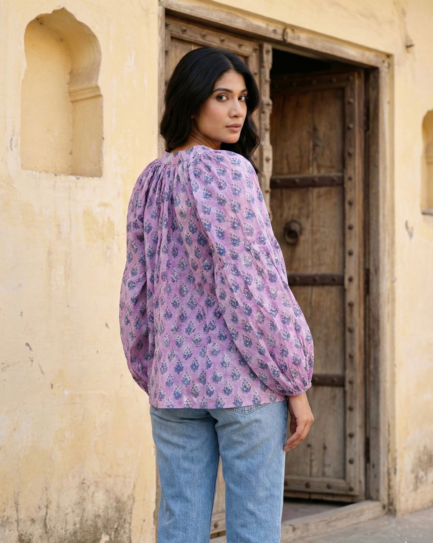 Lilac Floral Block Print Cotton Top