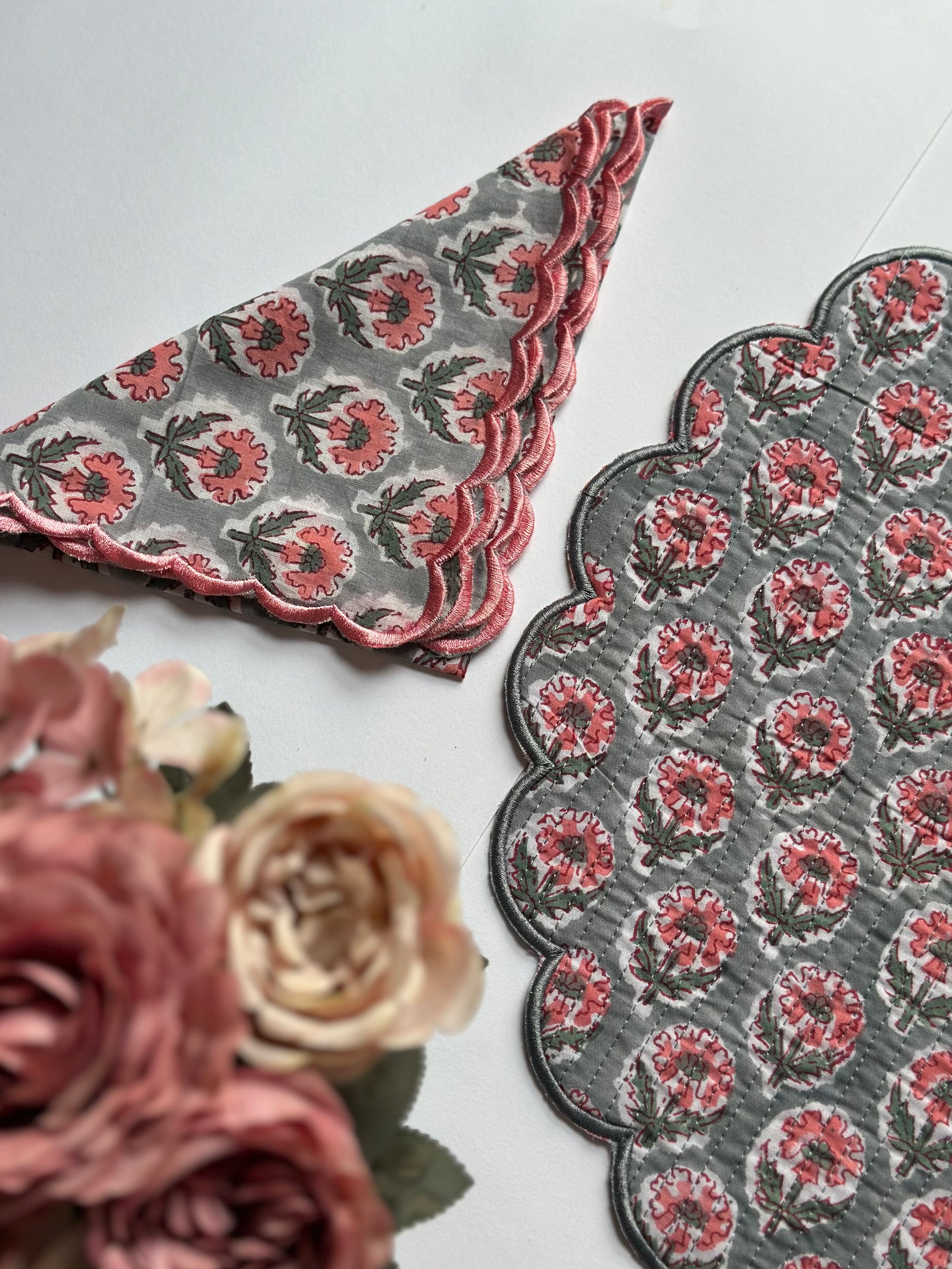Vintage Grey Floral Quilted Placemats & Napkin Set of 6