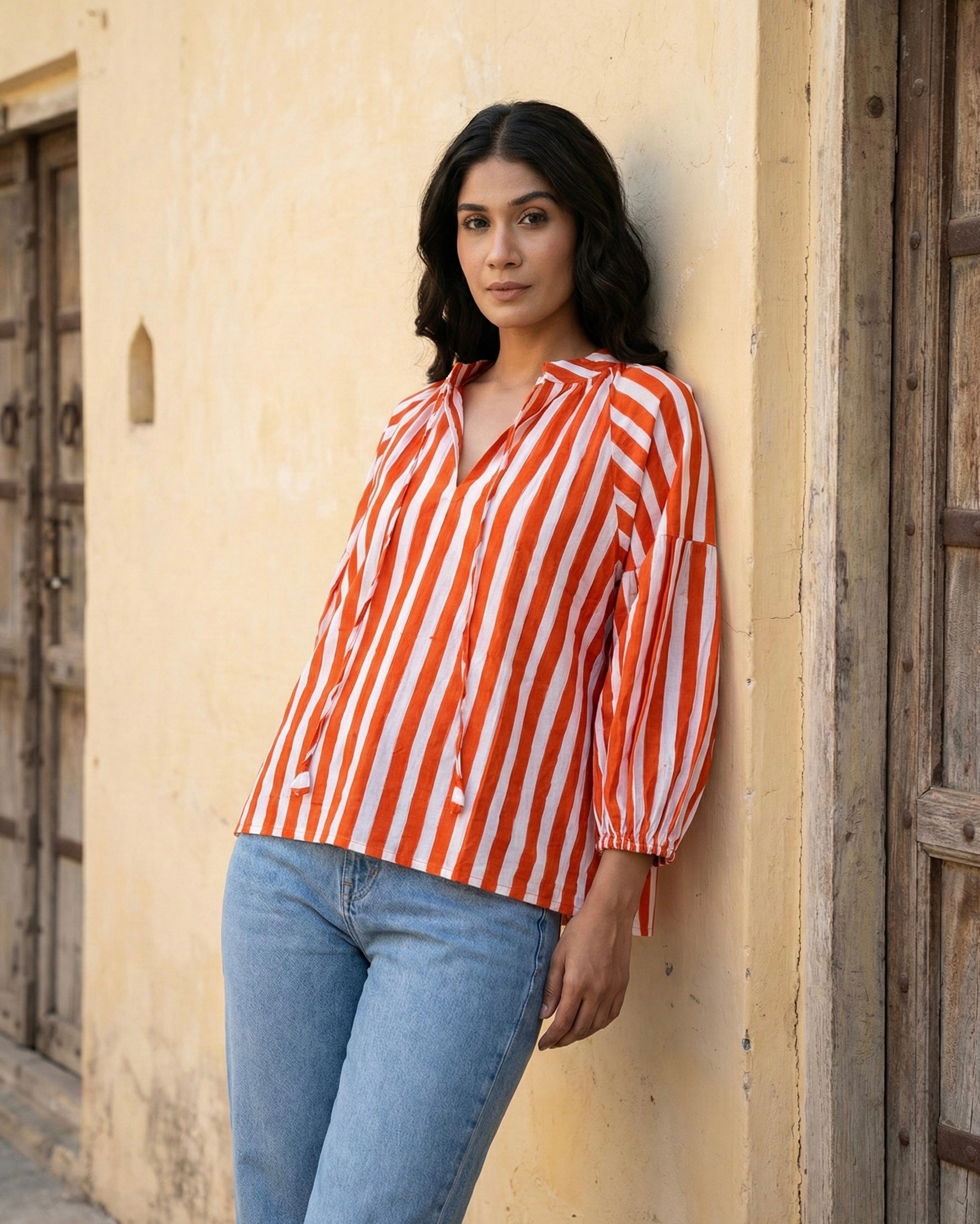 Orange striped Relaxed Fit Cotton Top