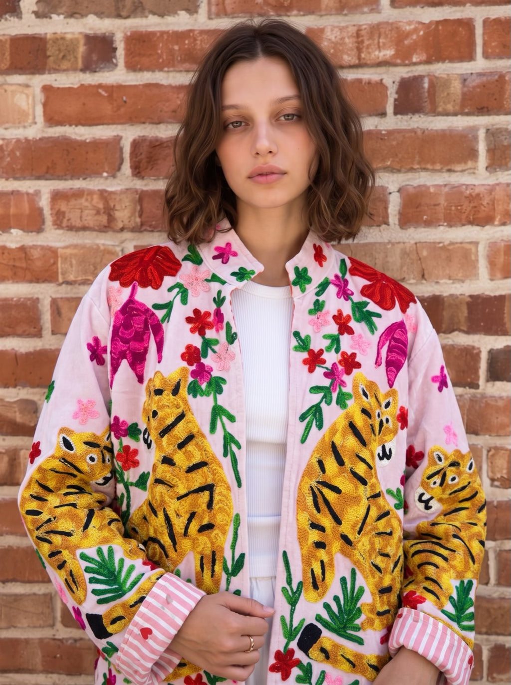 Blush Pink Garden Tiger Embroidered Jacket