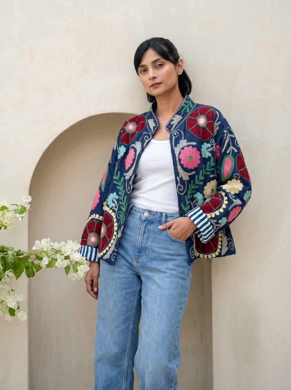 Navy Floral Suzani Denim Jacket