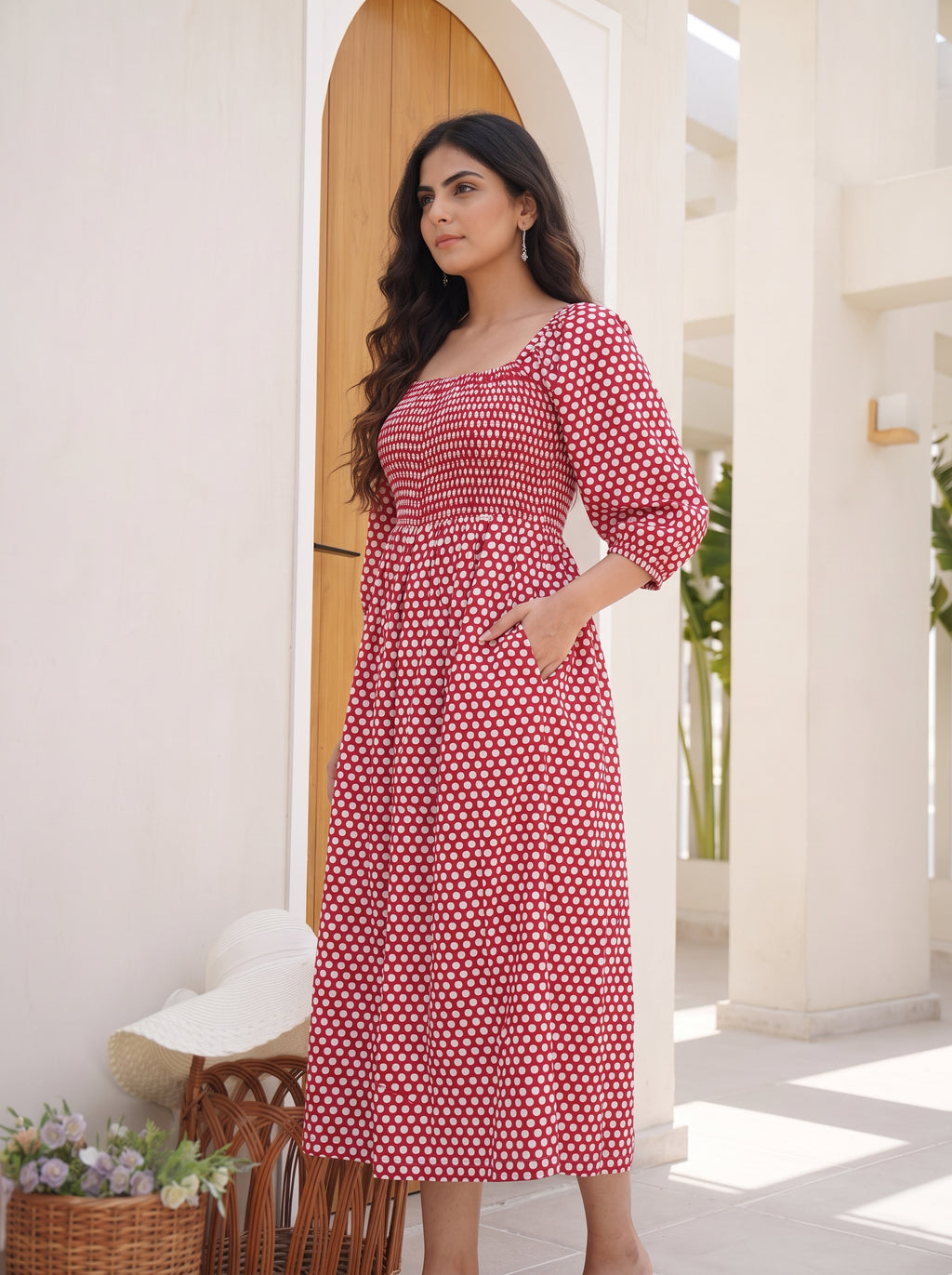 Crimson Polka Smocked Midi Dress