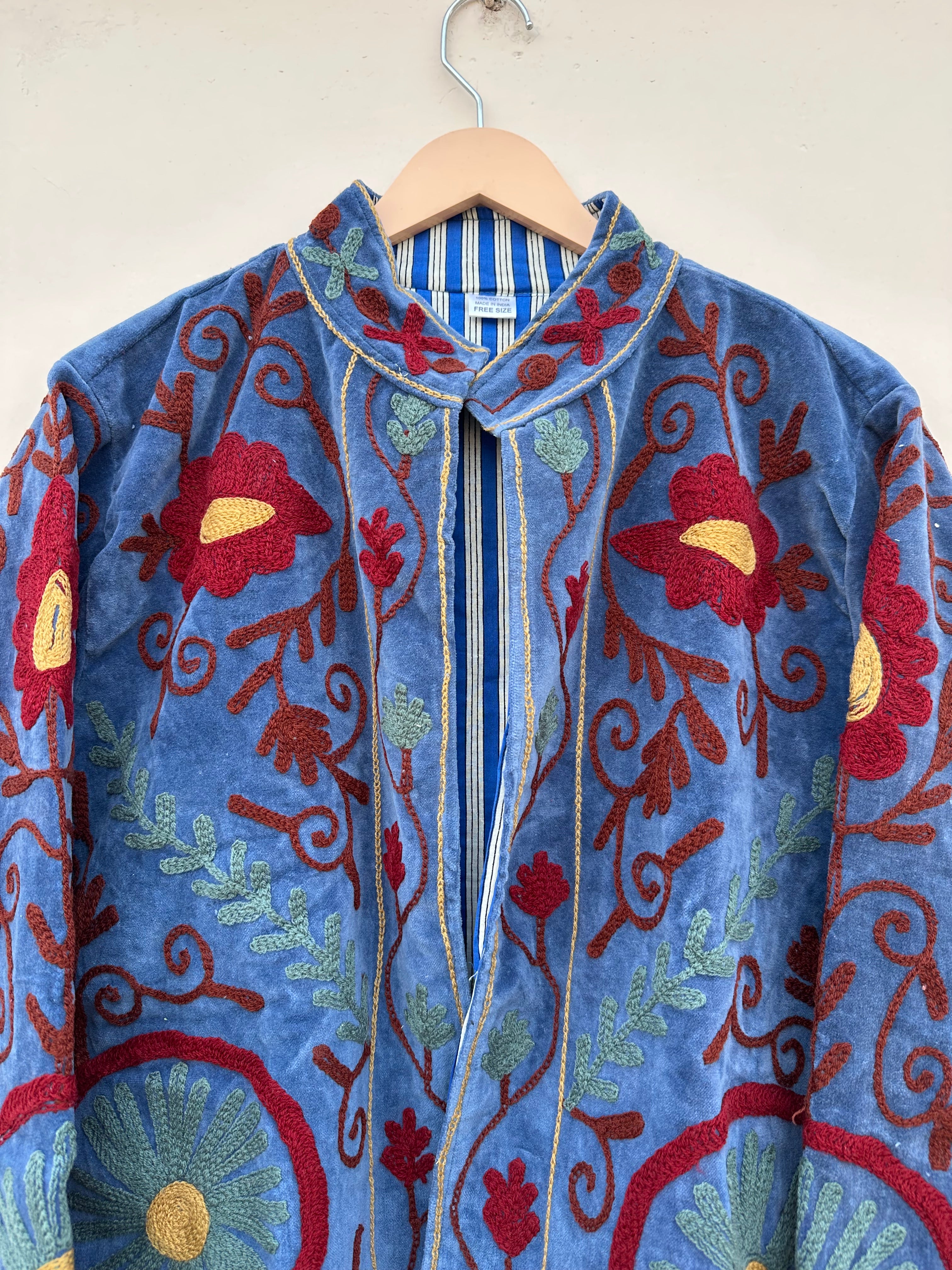 Blue Floral Embroidered Velvet Jacket