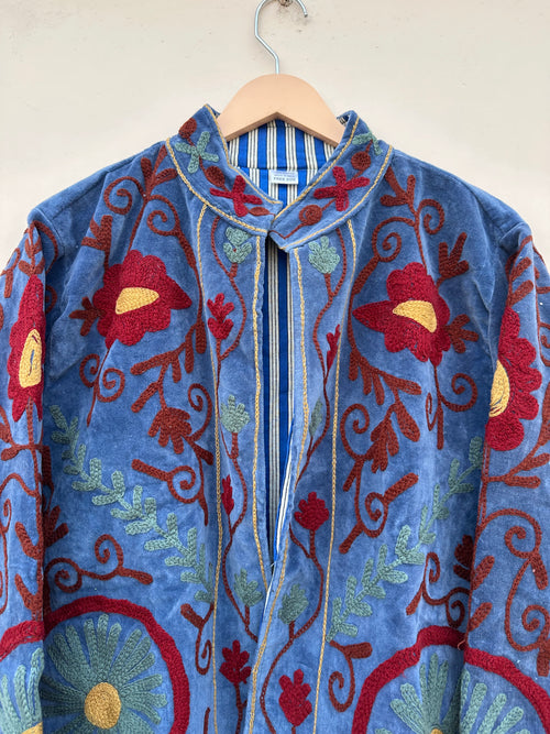 Blue Floral Embroidered Velvet Jacket