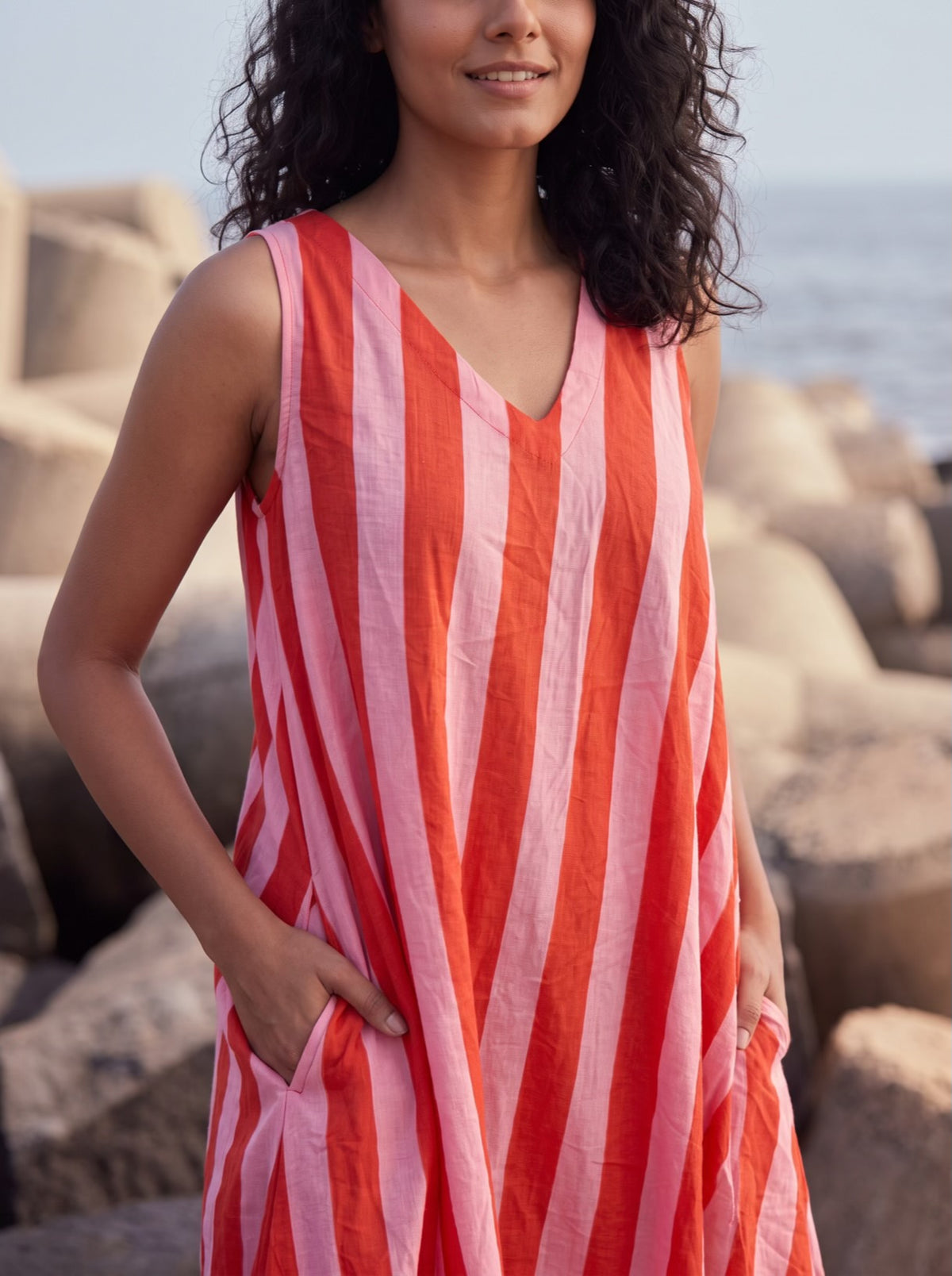 Coral Breeze Striped Midi Dress
