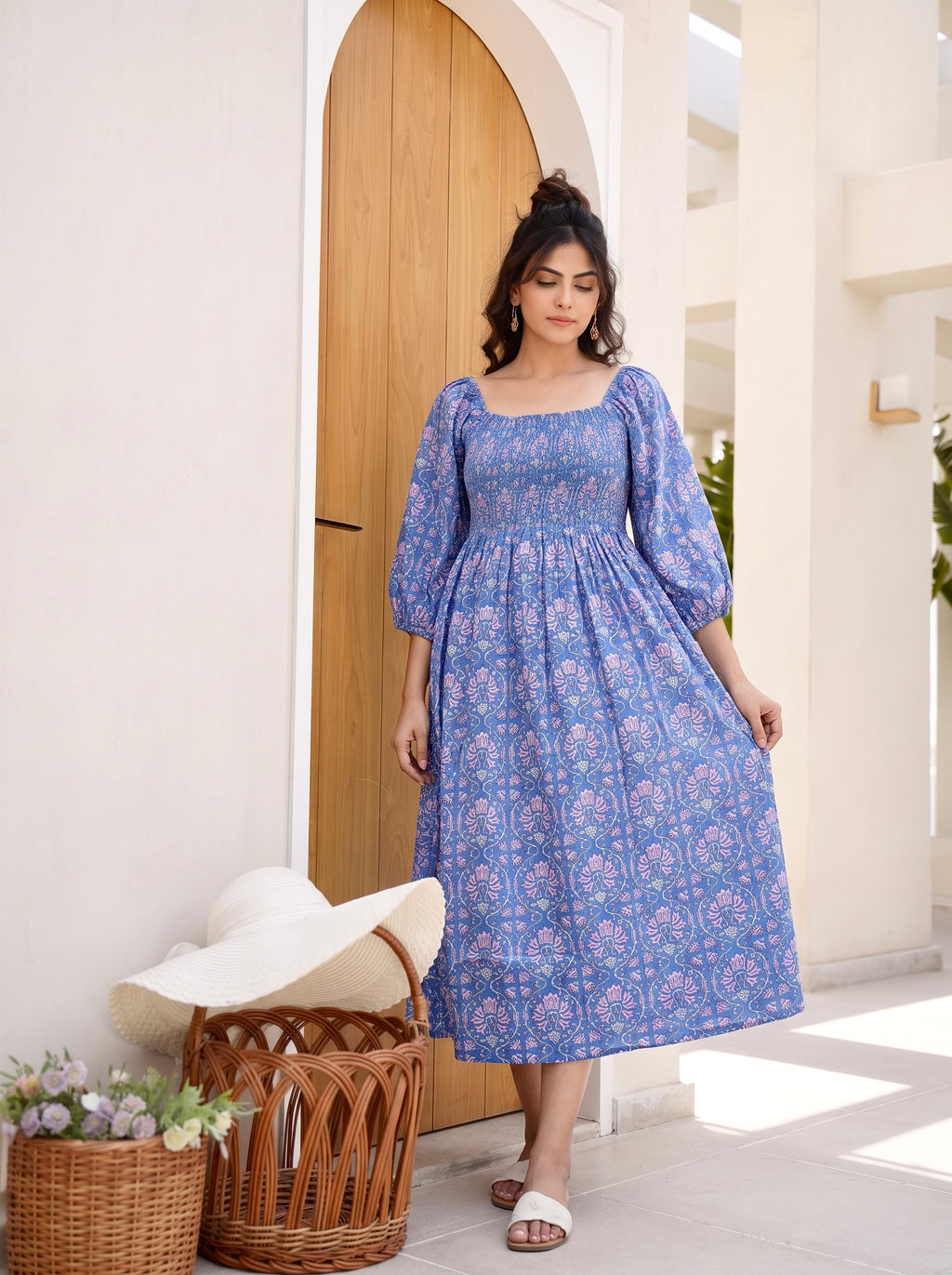 Periwinkle Bloom Smocked Midi Dress