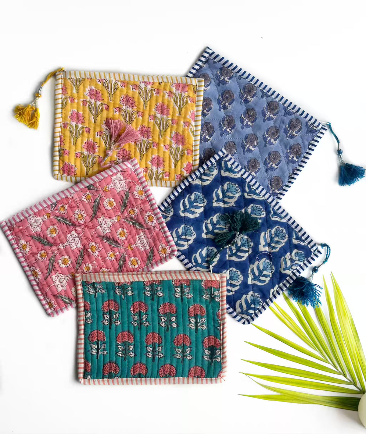 Handcrafted Quilted Cotton Zip Pouch Set – Pack of 5 Assorted Prints
