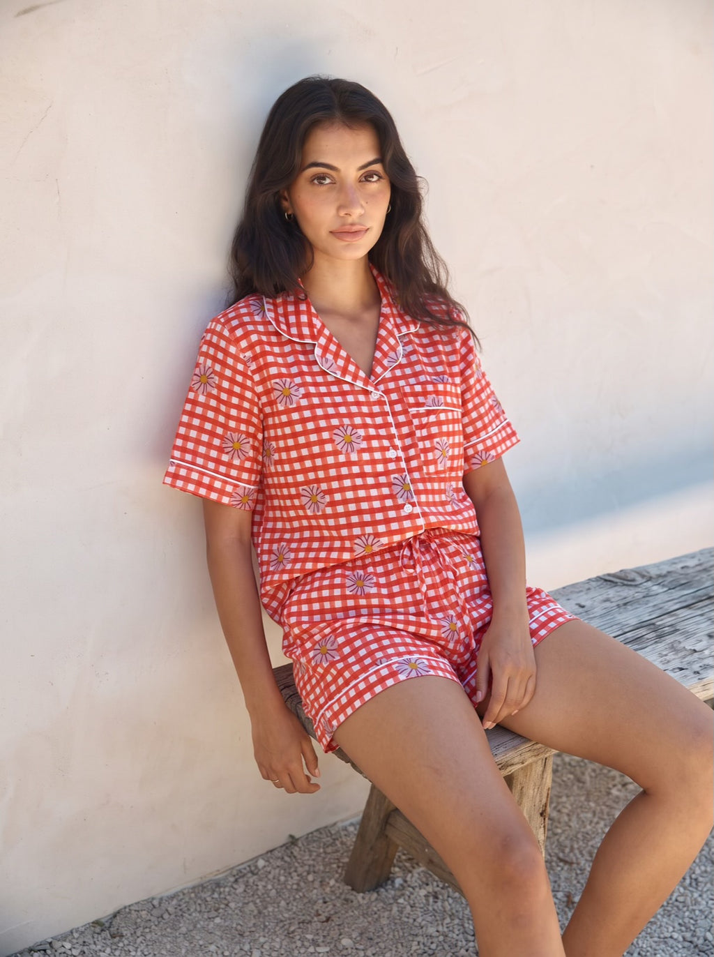 Coral Gingham Daisy Pajama Set