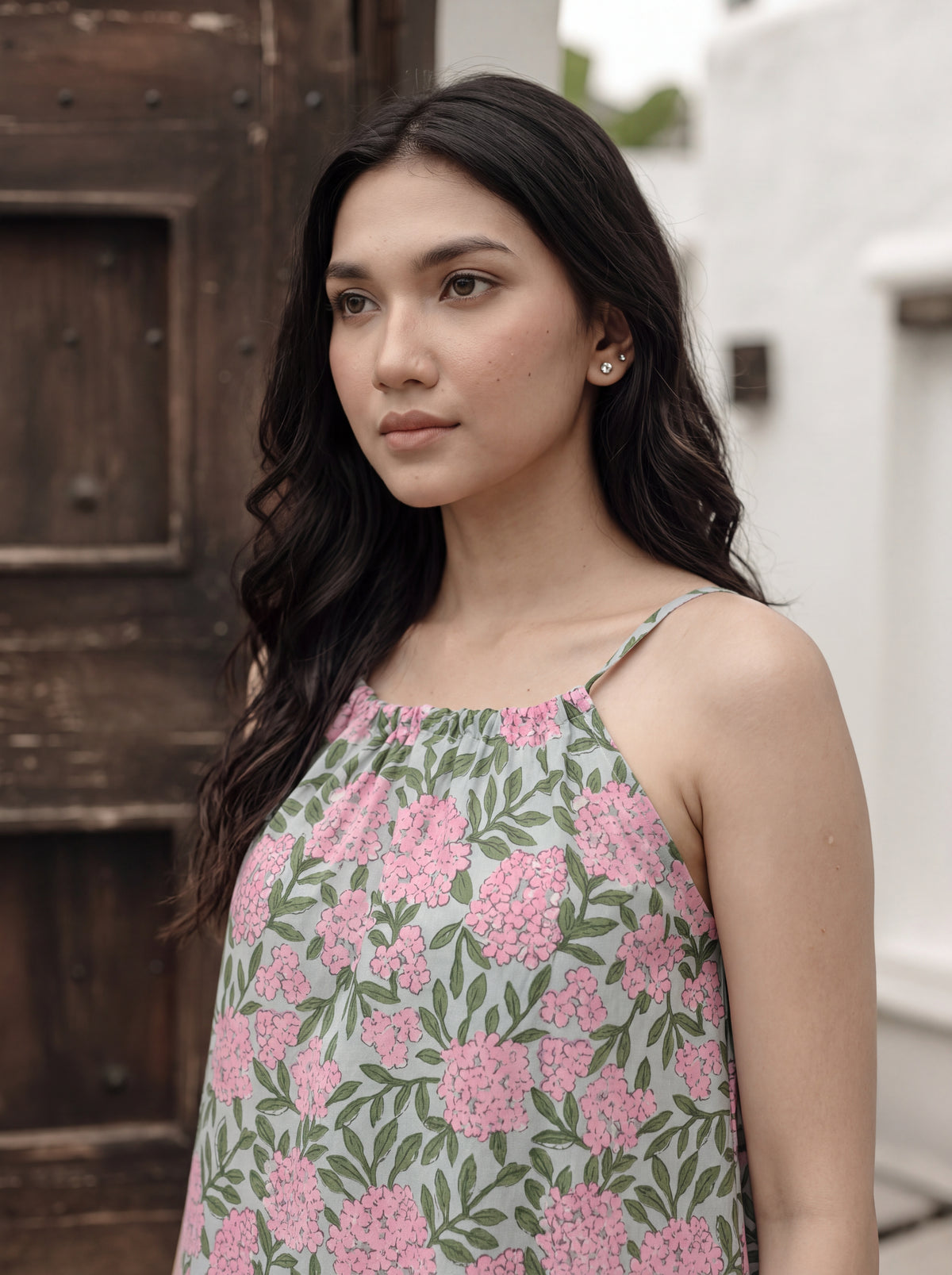 Pink Floral Hand Block Print Cotton Midi Dress
