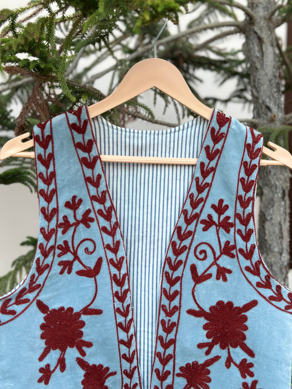 Sky Blue Ruby Floral Velvet Vest