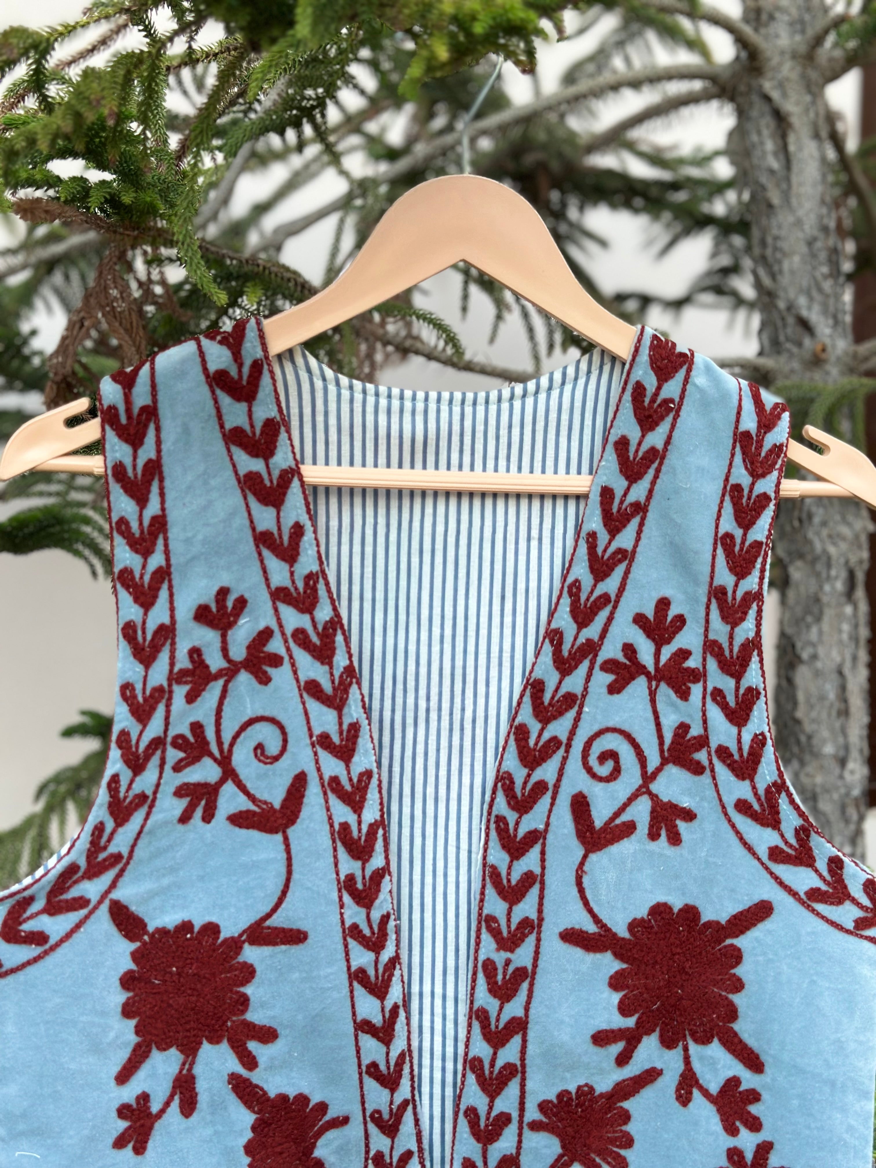 Sky Blue Ruby Floral Velvet Vest