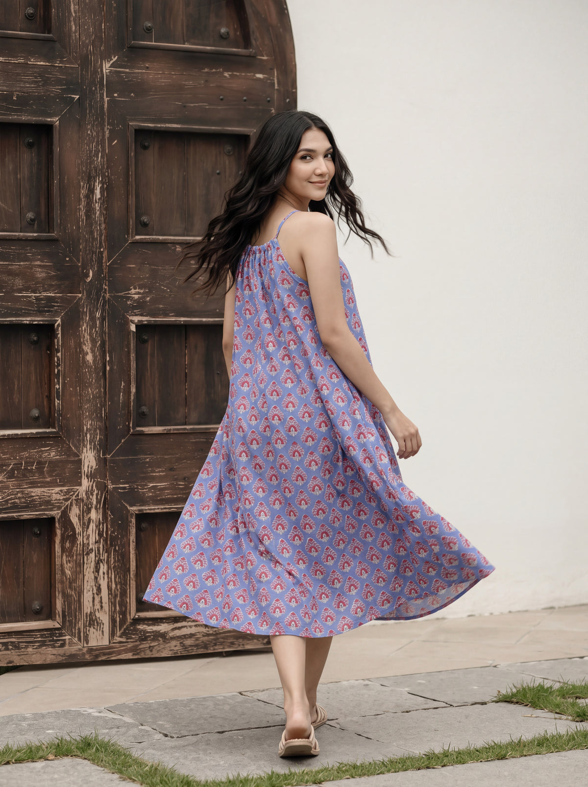 Blue Floral Hand Block Print Cotton Midi Dress