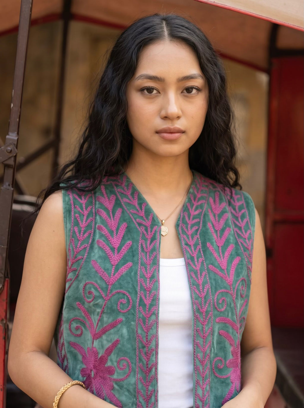 Sage Bloom Suzani Velvet Vest