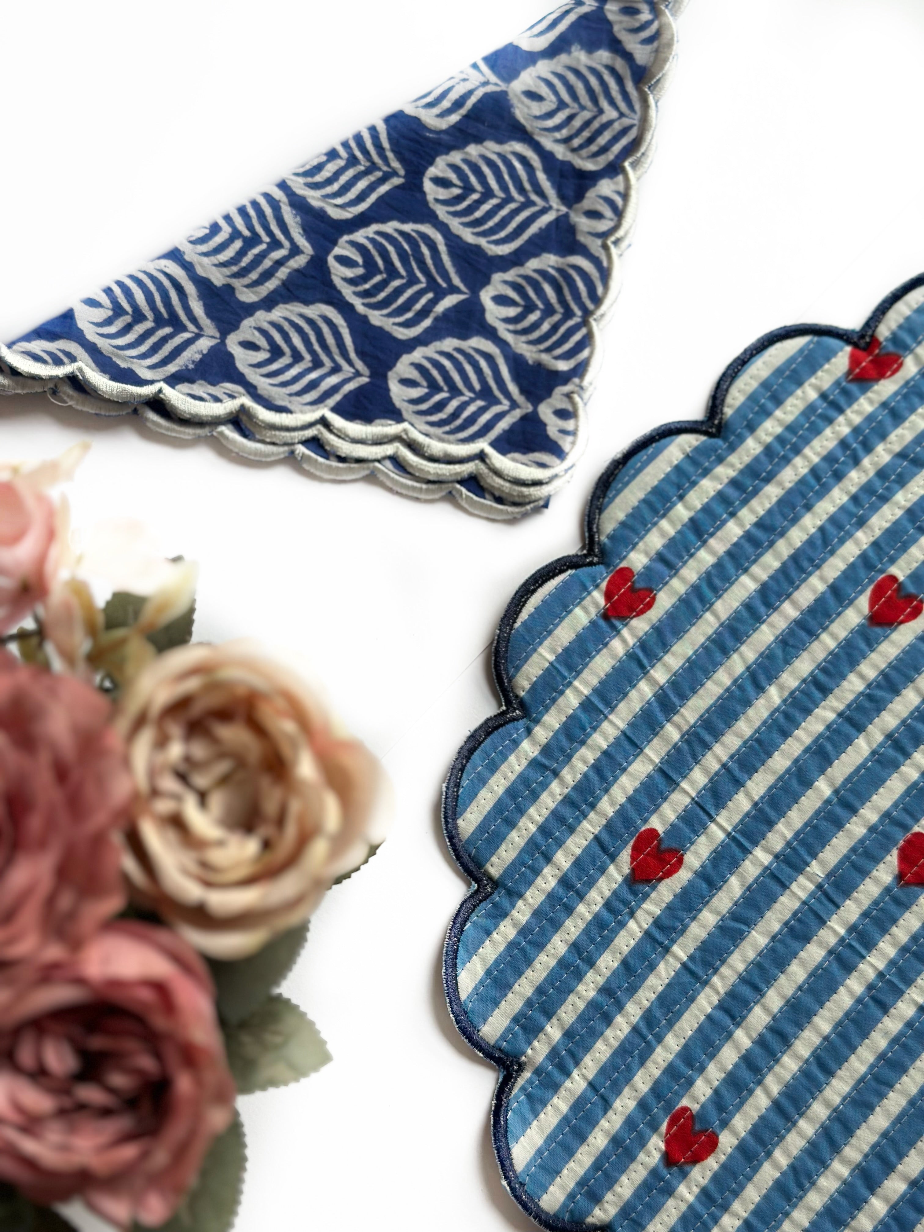 Indigo Leaf Quilted Placemats & Napkin Set of 6