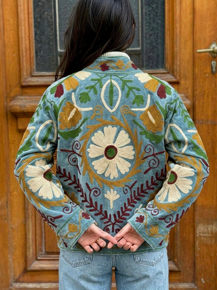 Sea Green Velvet Floral Embroidered Statement Jacket