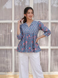 Blue Bloom Handblock Peplum Top