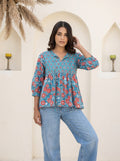 Blue & Coral Floral Peplum Top