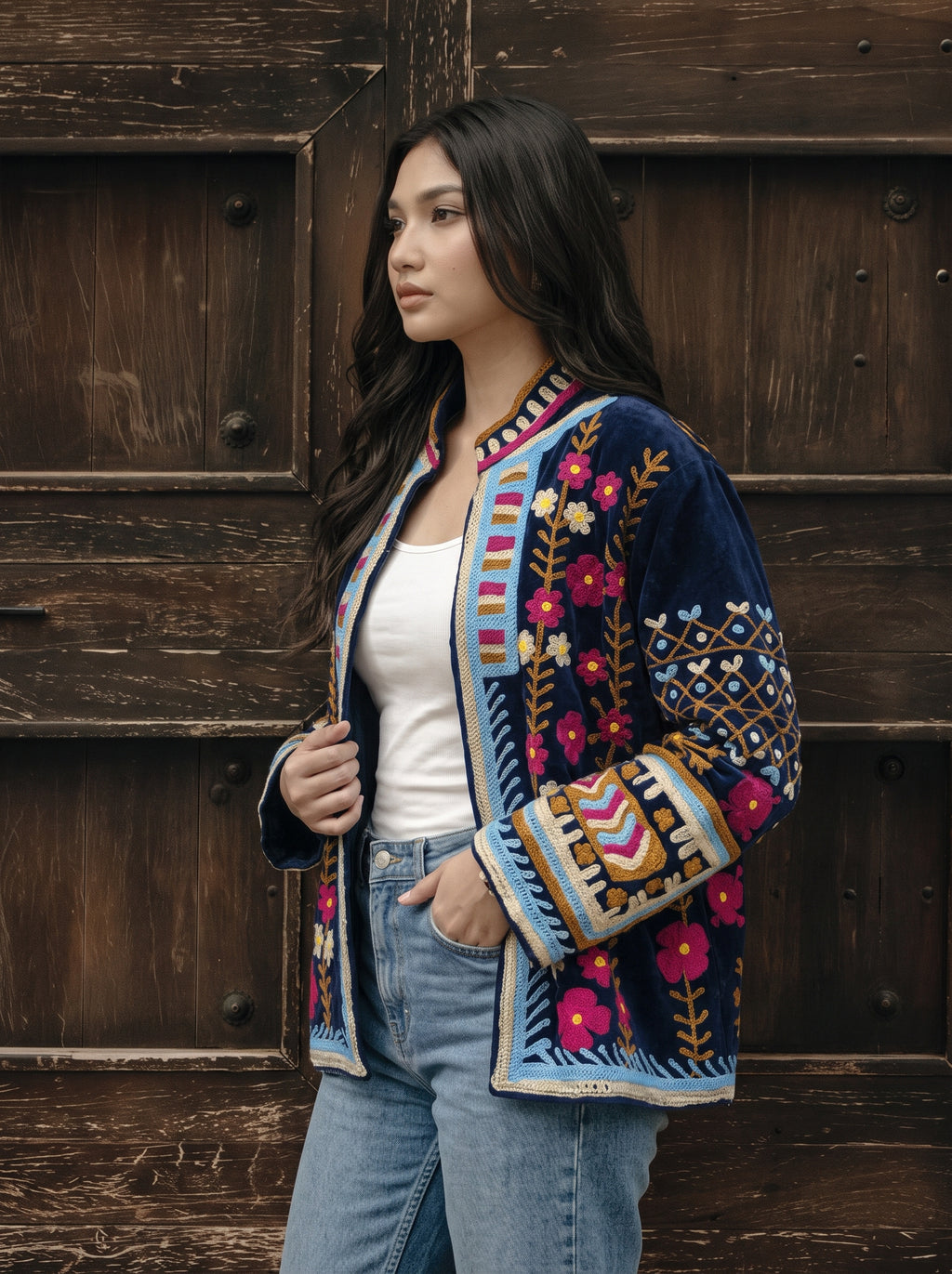 Navy Floral Embroidered Velvet Suzani Jacket