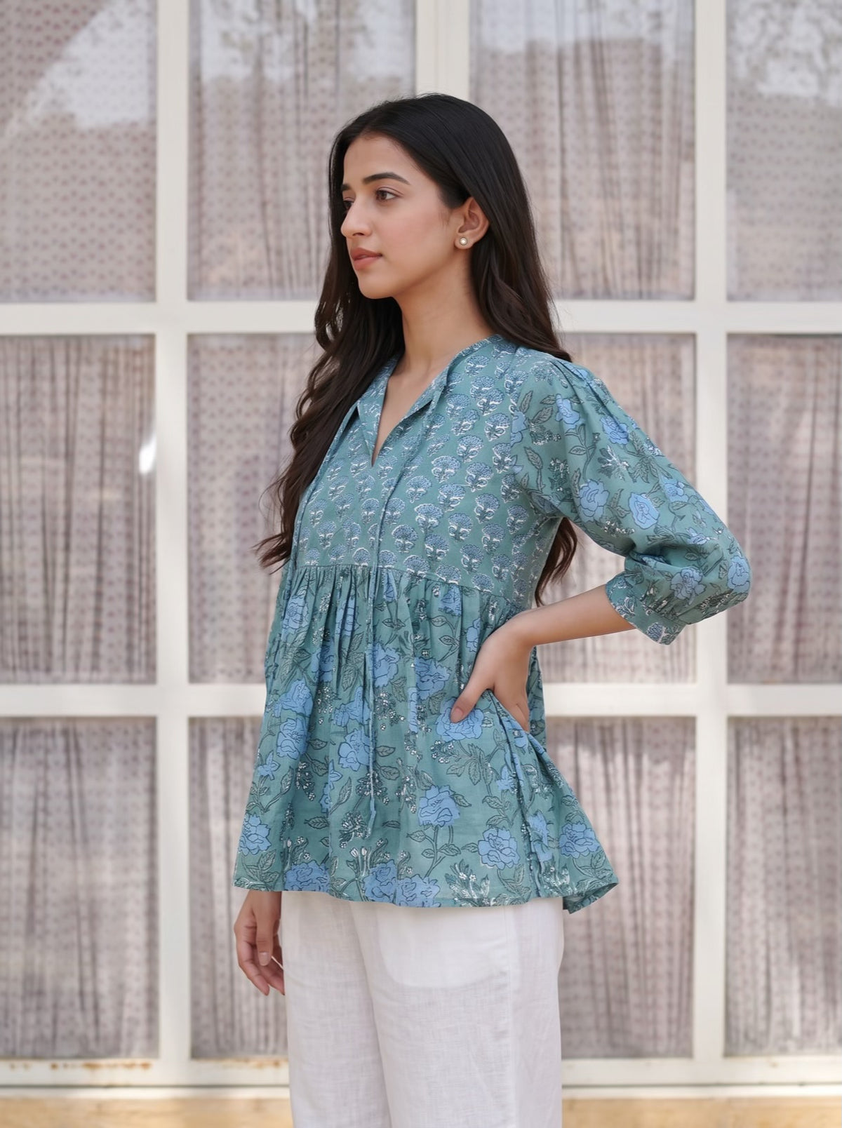 Sage Blue Floral Peplum Top
