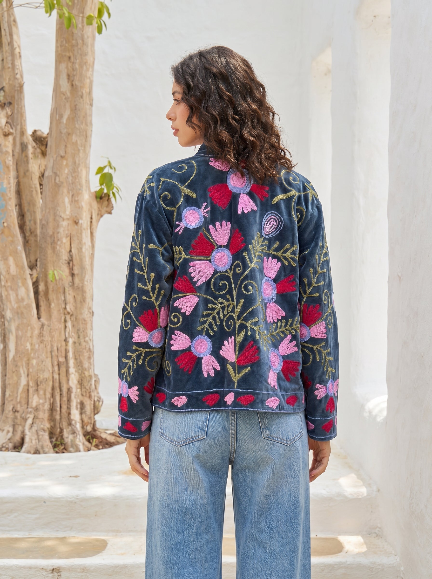 Navy Blossom Embroidered Velvet Jacket