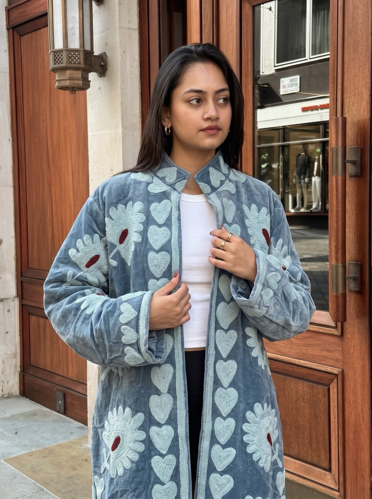 Powder Blue Suzani Velvet Long Jacket