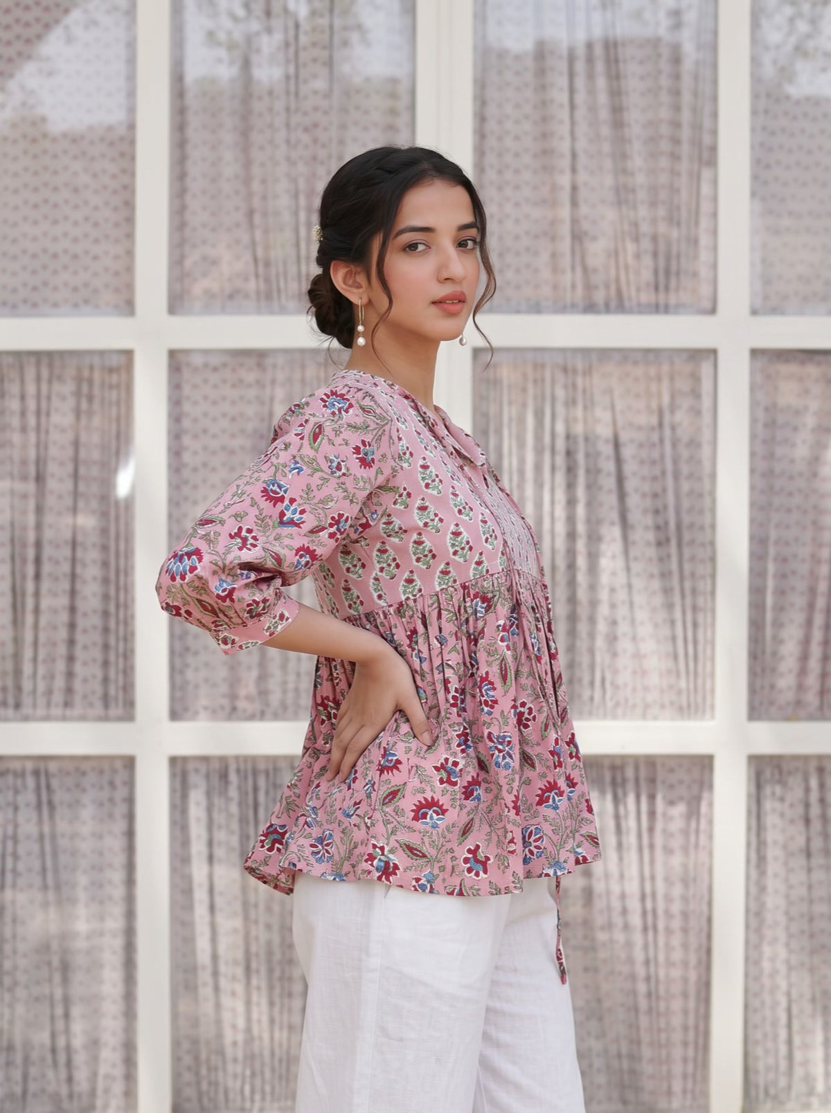 Pink Garden Handblock Peplum Top