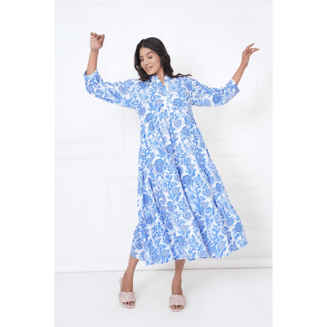 Blue Floral Block Print Maxi Anokhi Dress