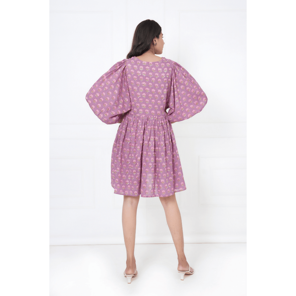 Lavender Hand-Block Print Cotton Mini Doi Dress