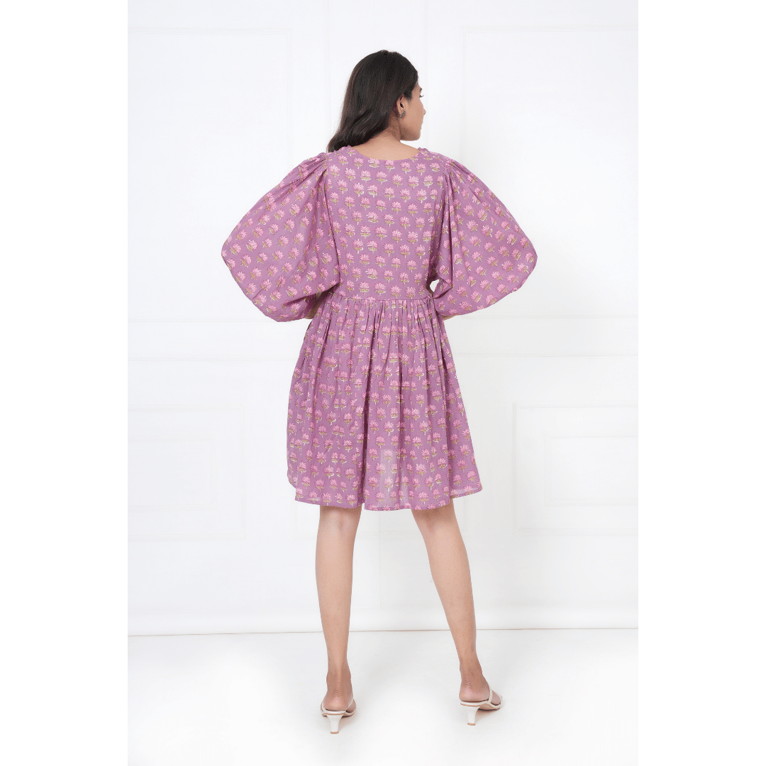Lavender Hand-Block Print Cotton Mini Doi Dress