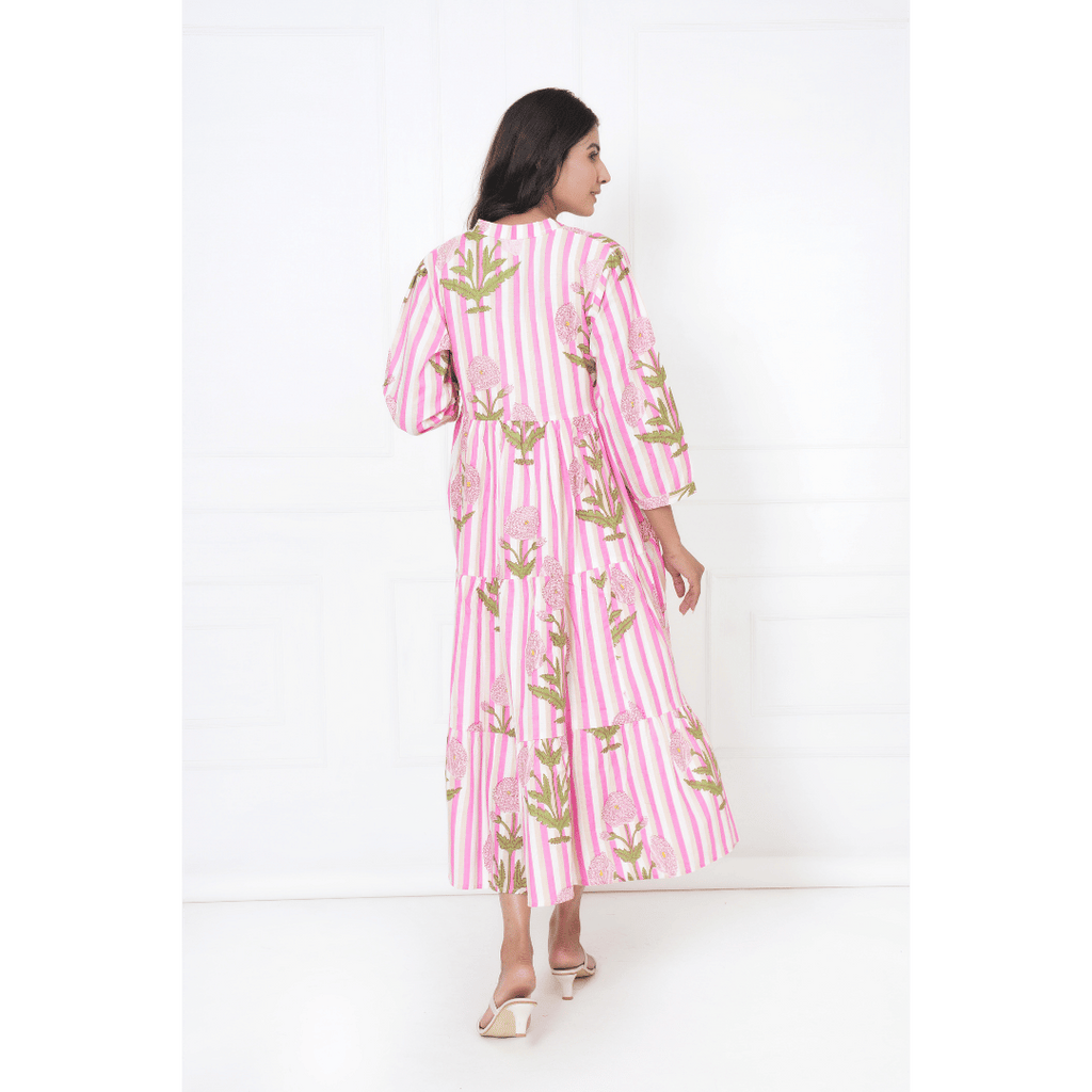 Pink White Floral Print Maxi Anokhi Dress