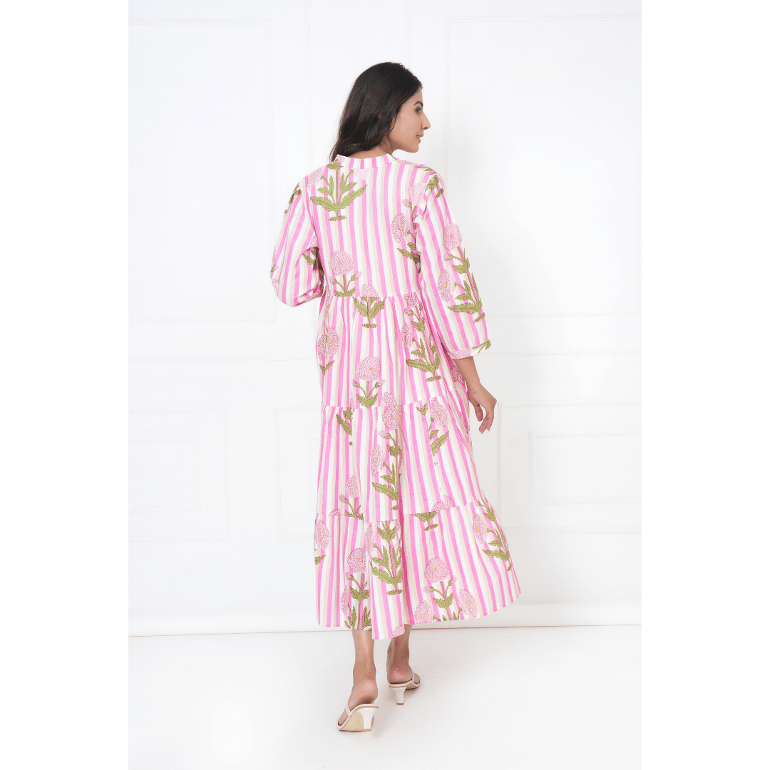 Pink White Floral Print Maxi Anokhi Dress