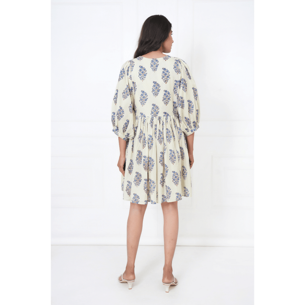 Floral And Leaf Hand-Block Print Cotton Mini Doi Dress