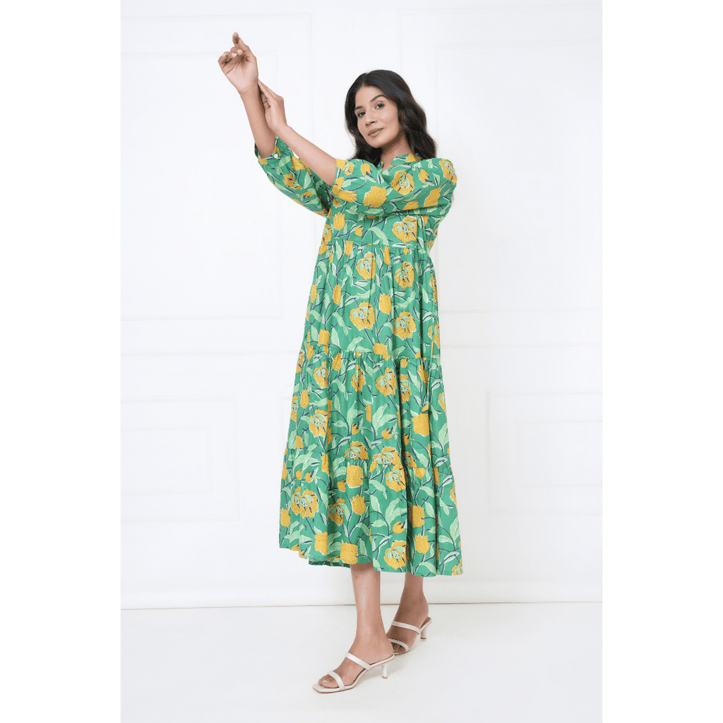 Aqua Garden Hand Block Print Maxi Anokhi Dress