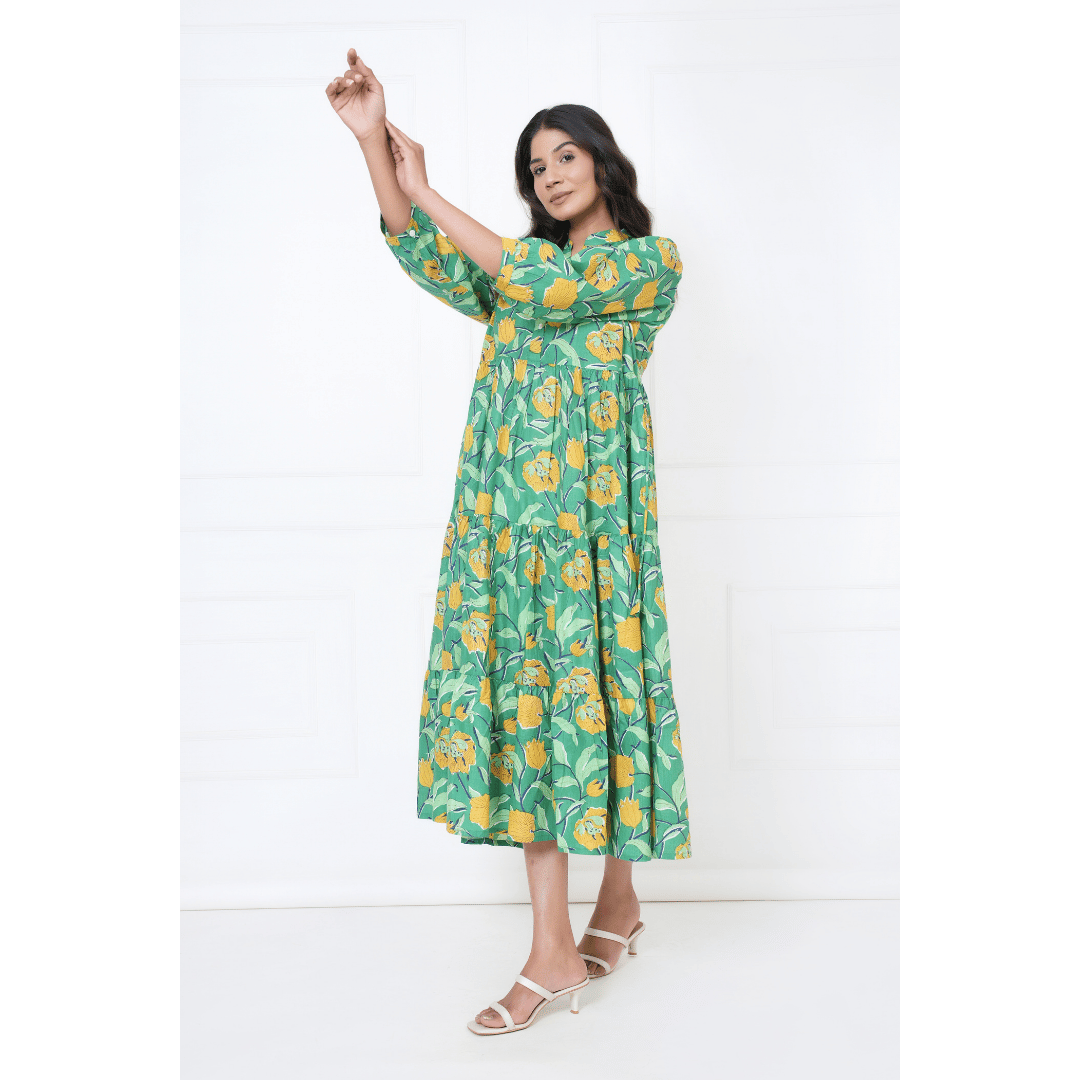 Aqua Garden Hand Block Print Maxi Anokhi Dress