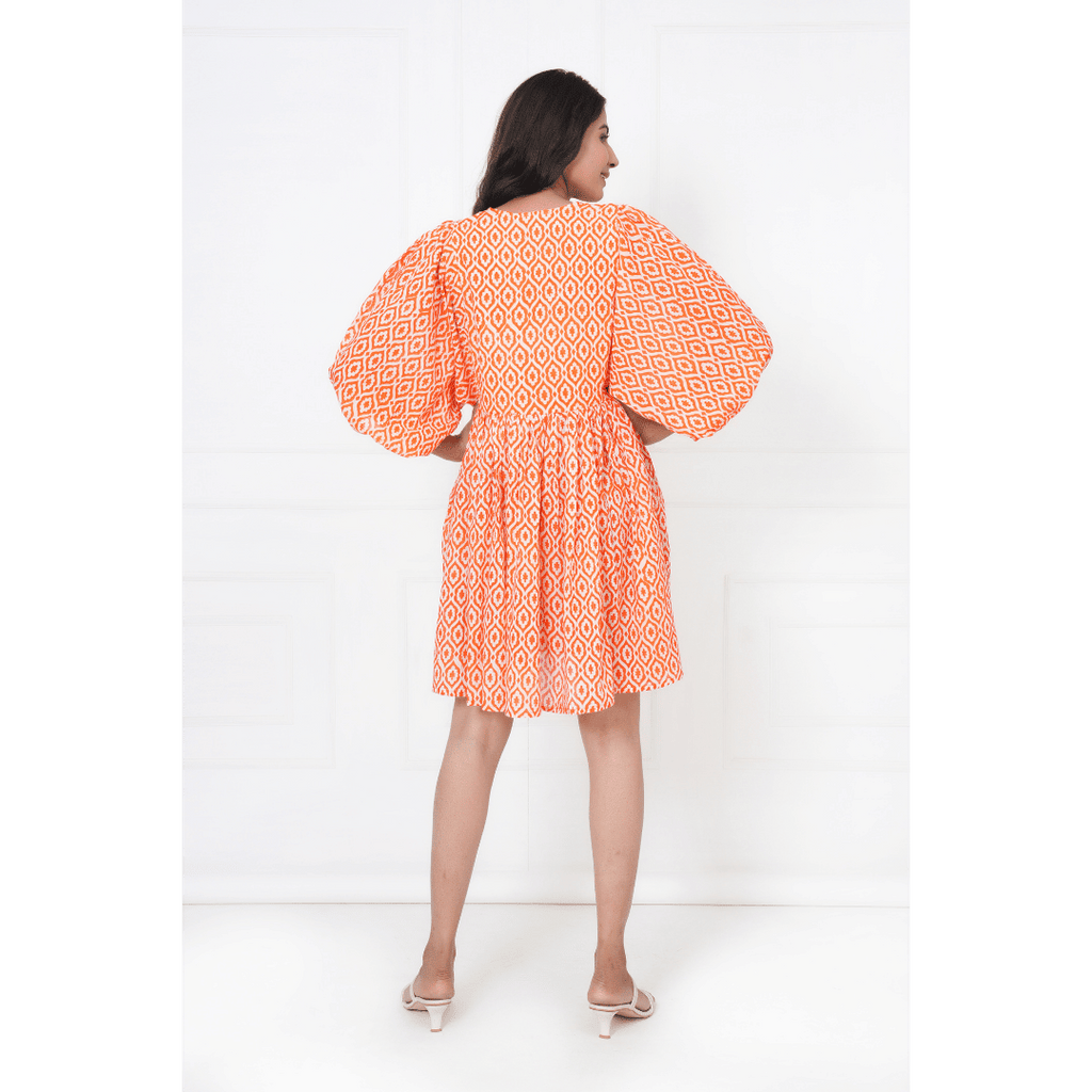 Orange Floral Hand-Block Print Cotton Mini Doi Dress