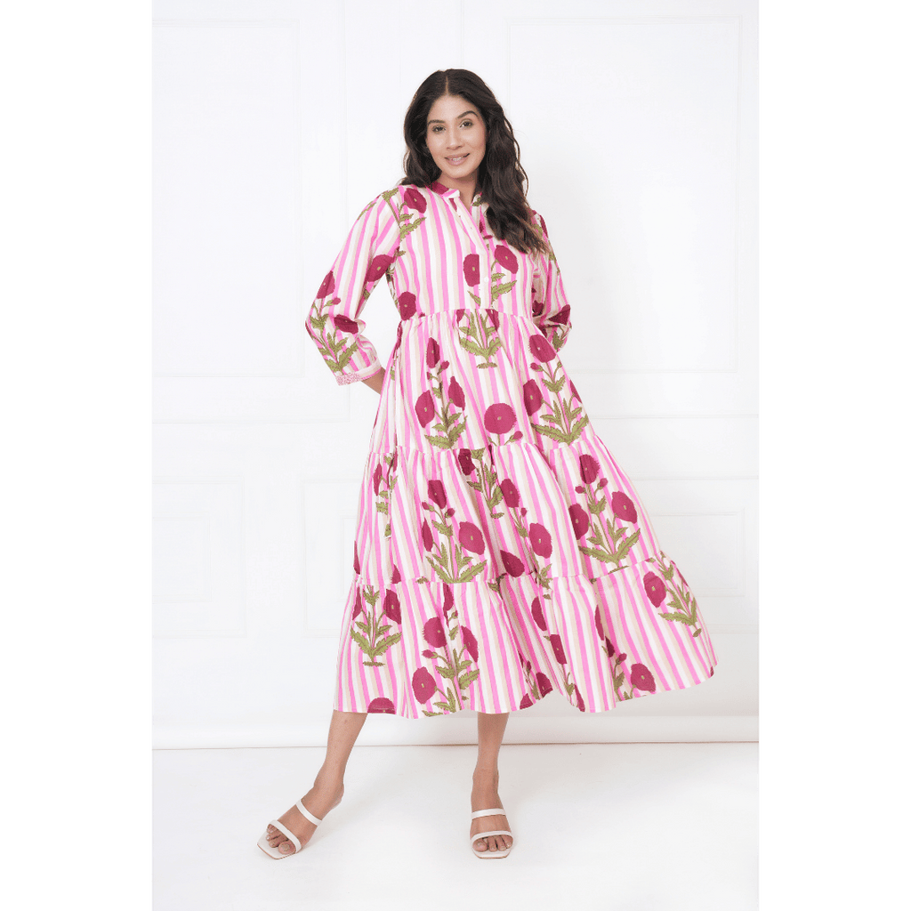 Pink White Stripe Print Maxi Anokhi Dress