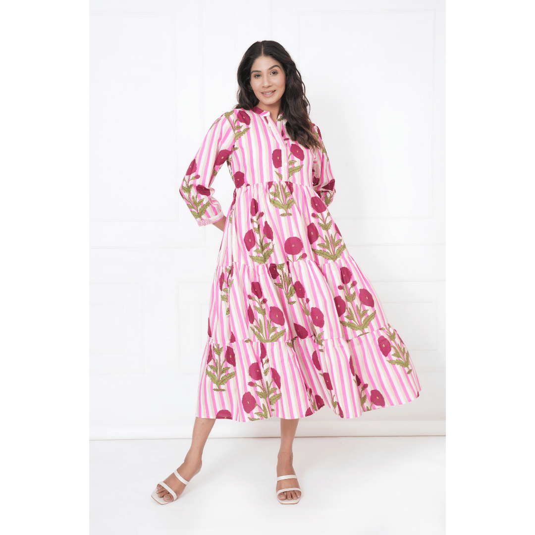 Pink White Stripe Print Maxi Anokhi Dress