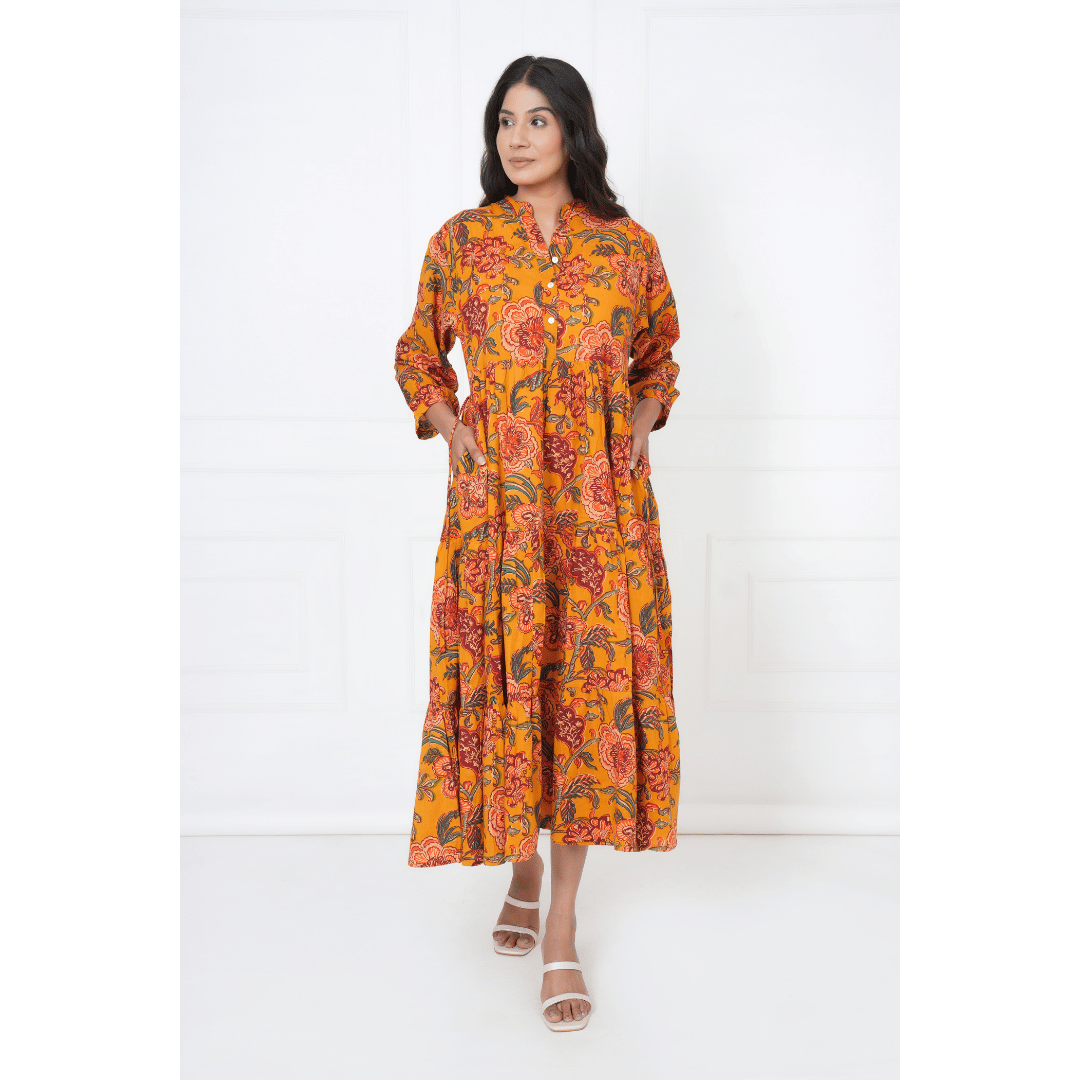 Mustard Floral Block Print Maxi Anokhi Dress