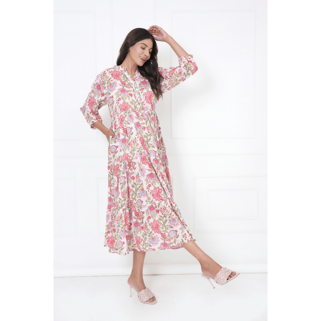 White Floral Block Print Maxi Anokhi Dress