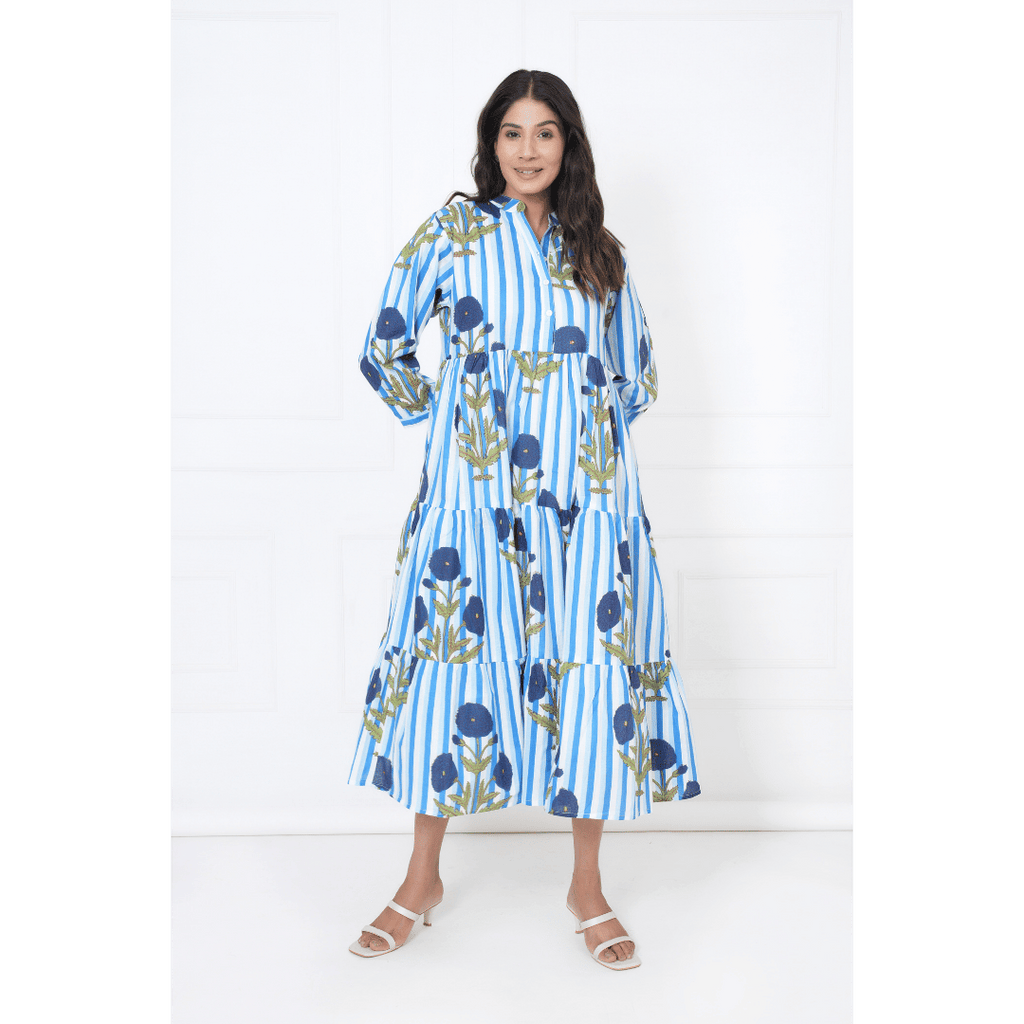 Blue White Stripe Print Maxi Anokhi Dress
