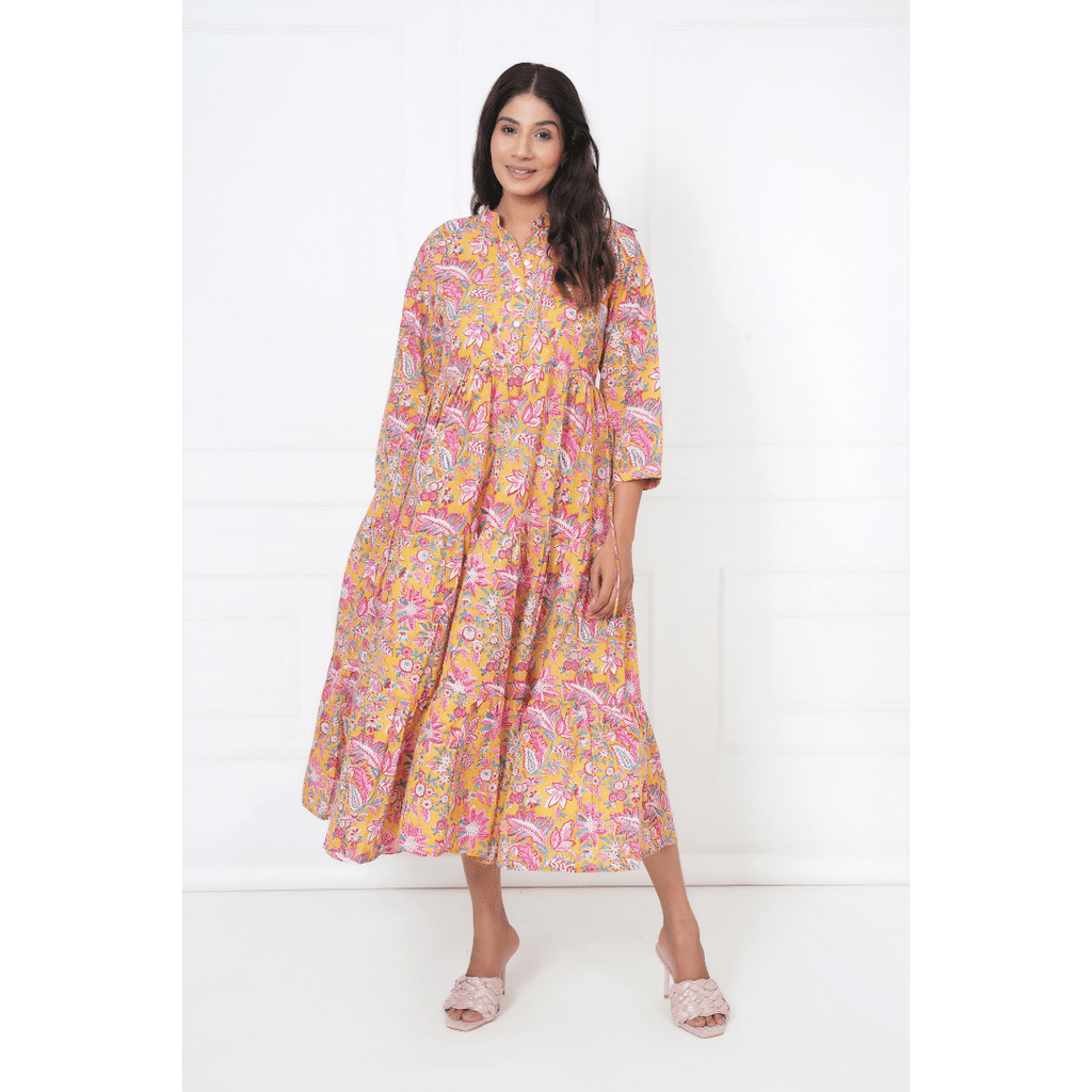 Yellow Floral Block Print Maxi Anokhi Dress