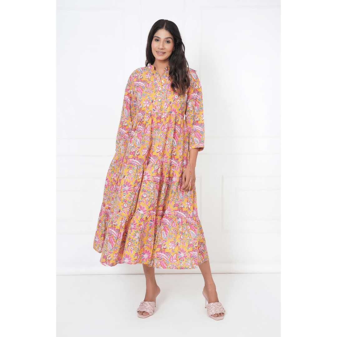 Yellow Floral Block Print Maxi Anokhi Dress