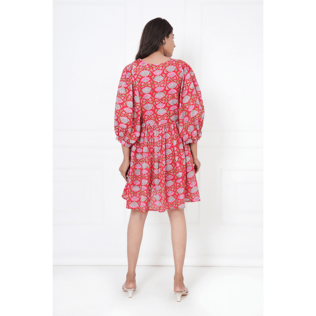 Red Floral Hand-Block Print Cotton Mini Doi Dress